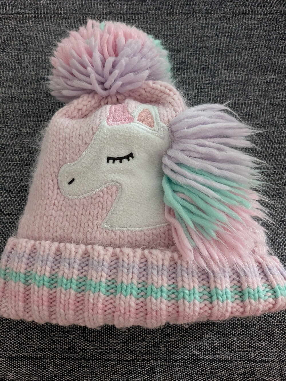Unicorn Pom Knit Beanie - Pink with Pastel Mint & Lavender